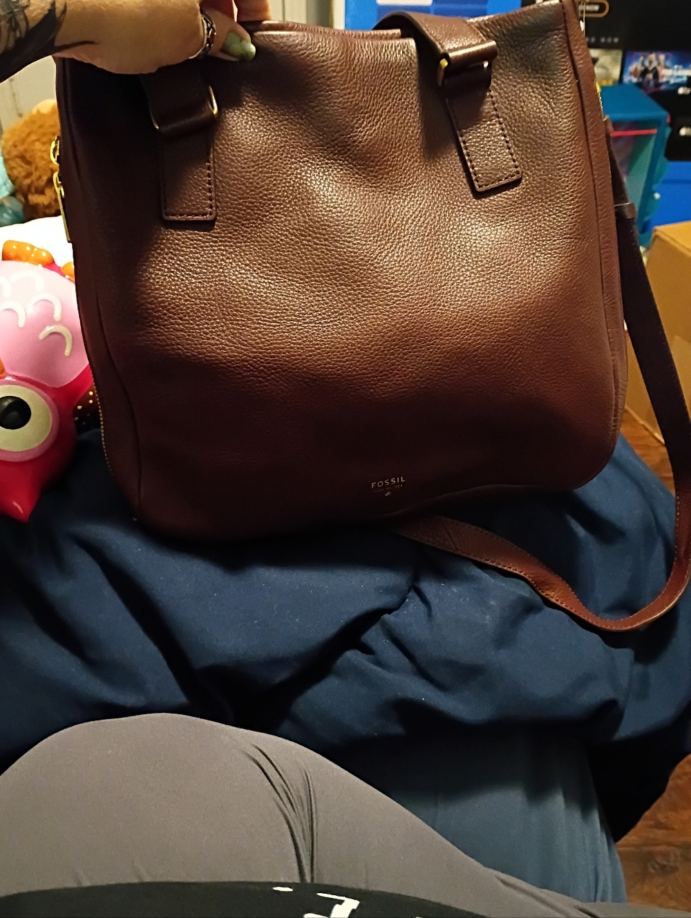 Fossil Brown Pebbled Leather Satchel with Gold Accents - Picture 10 of 10